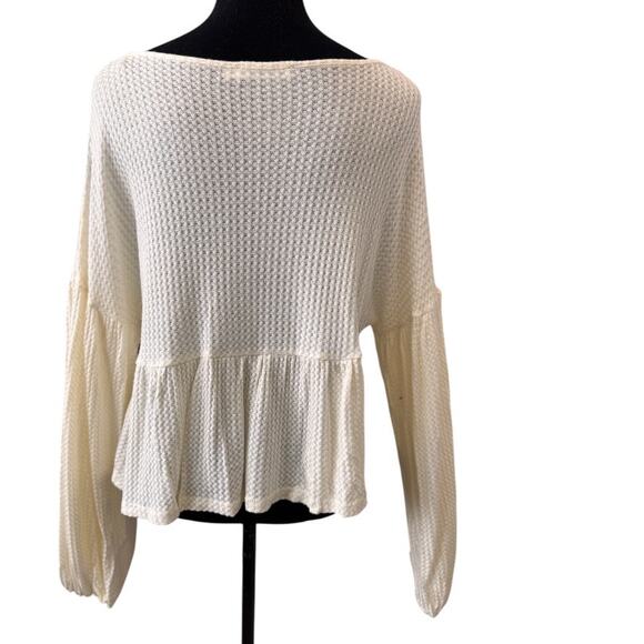NEW LUSH NORDSTROM Cream Long Sleeve Waffle Knit Babydoll Top Size M - Picture 5 of 7